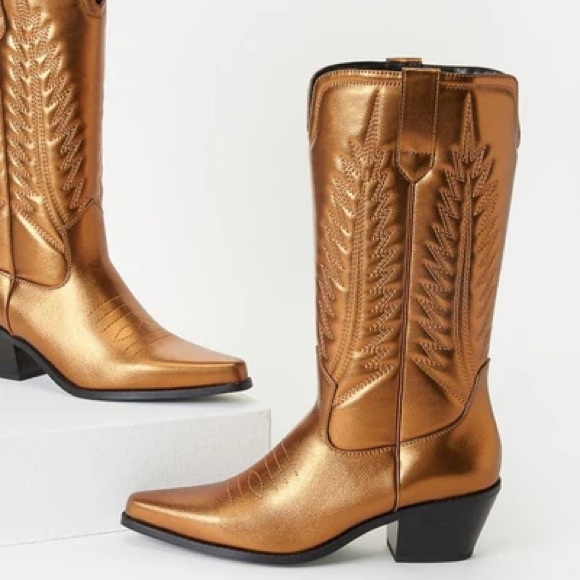 New - Zahra Western Metallic Bronze Heeled Cowboy Boots - Picture 6 of 8